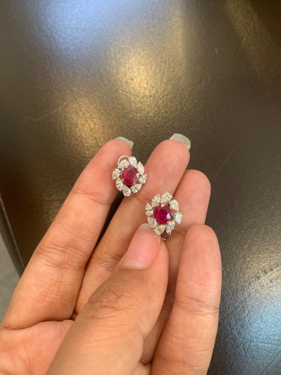 GRS Certified 2.12 Carat Burma No Heat Ruby Diamond Stud Earrings in 18K Gold