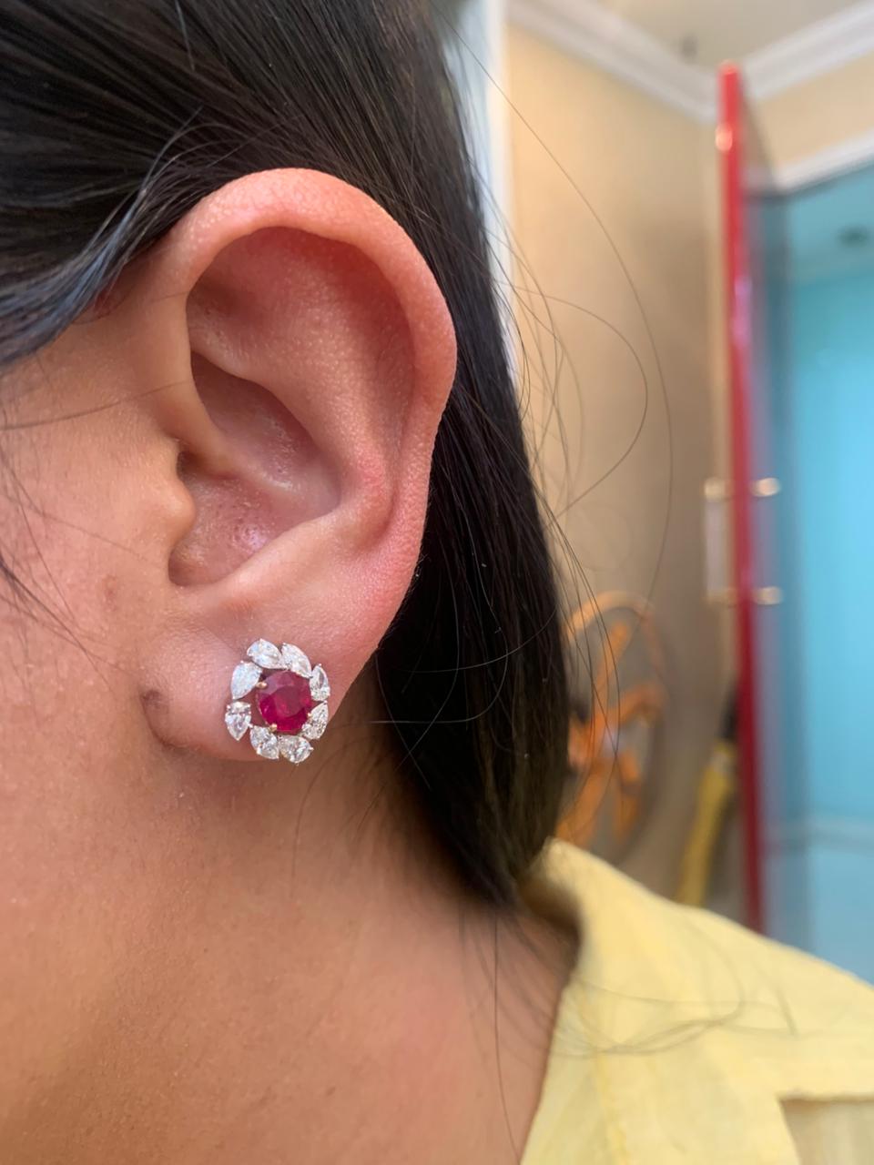 GRS Certified 2.12 Carat Burma No Heat Ruby Diamond Stud Earrings in 18K Gold