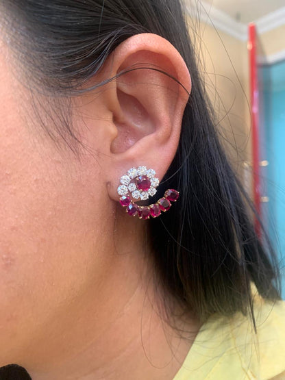 GRS Certified 8.00 Carat Burma No Heat Ruby and Diamond Stud Earrings
