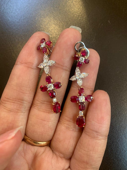GRS Certified 7.37 Carat Burma No Heat Ruby and Diamond Chandelier Earrings