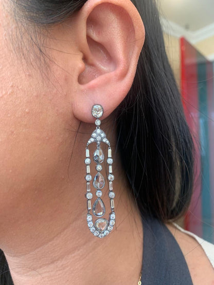 9.86 Carat Antique Style Diamond Dangling Earrings in 18K Gold