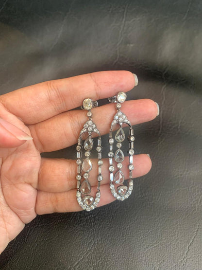 9.86 Carat Antique Style Diamond Dangling Earrings in 18K Gold
