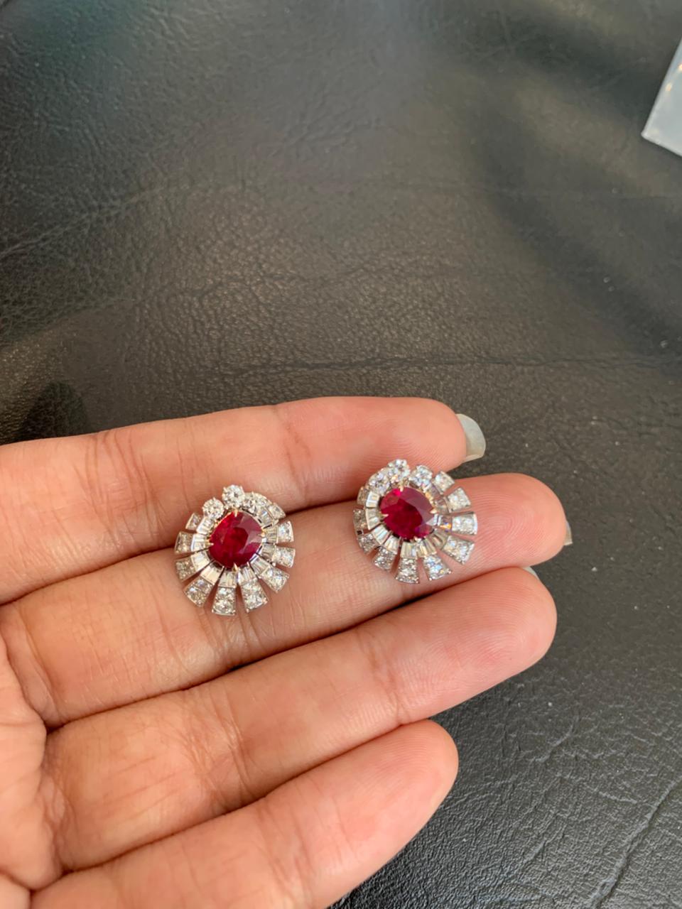 GRS Certified 2.21 Carat Burma Pigeon Blood No Heat Ruby Diamond Stud Earrings