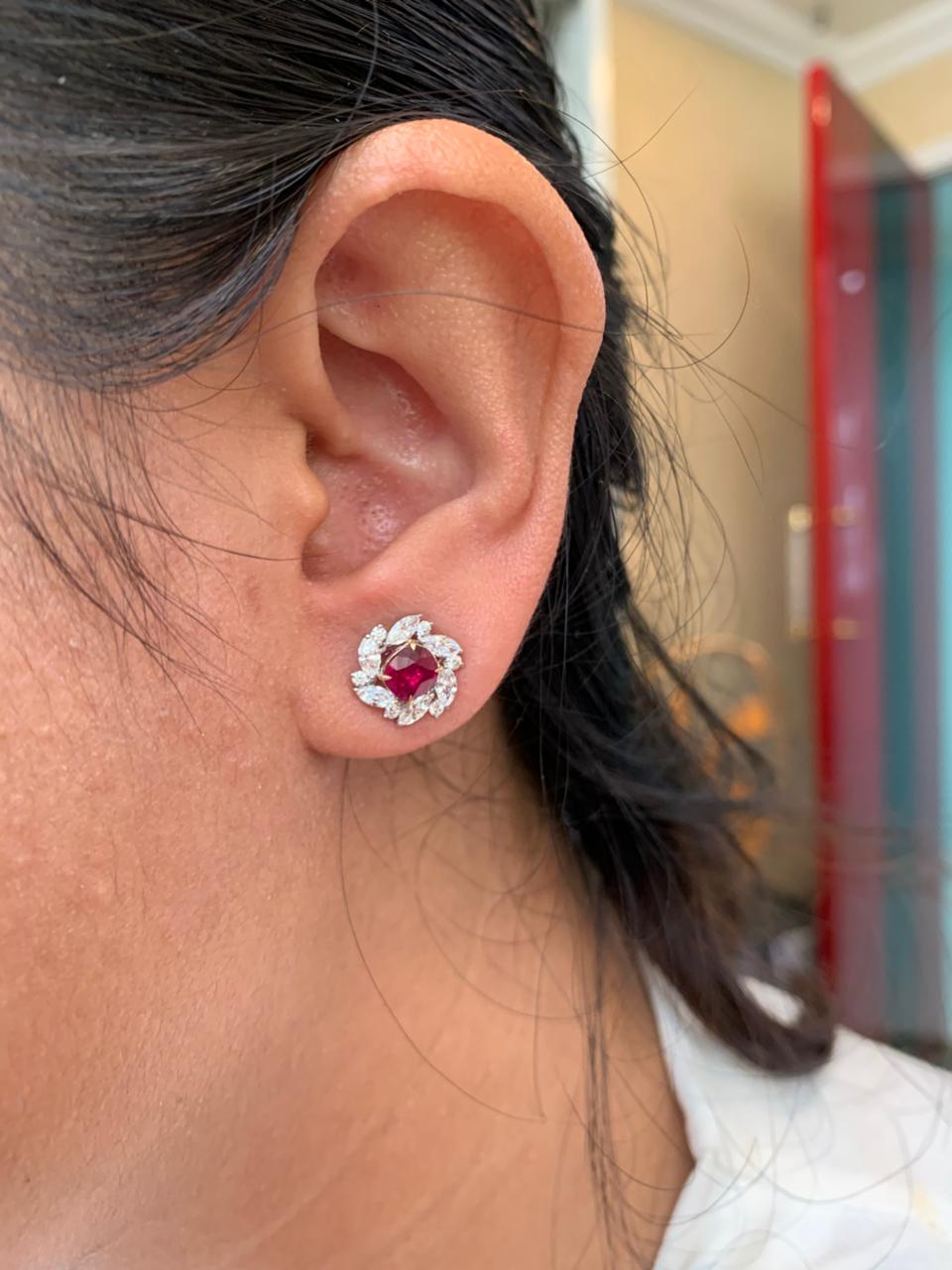 GRS Certified 2.06 Carat Burma Pigeon Blood No Heat Ruby Diamond Stud Earrings