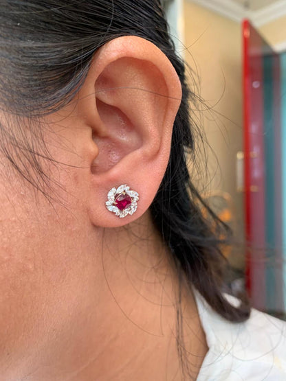 GRS Certified 2.06 Carat Burma Pigeon Blood No Heat Ruby Diamond Stud Earrings