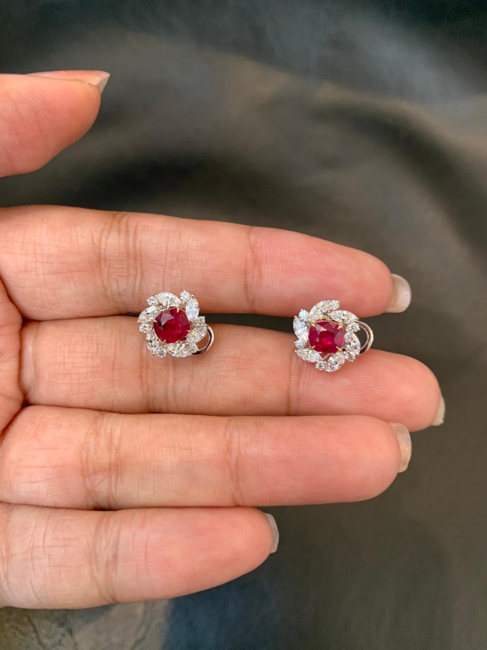 GRS Certified 2.06 Carat Burma Pigeon Blood No Heat Ruby Diamond Stud Earrings