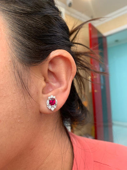 GRS Certified 2.23 Carat Pigeon Blood Burma No Heat Ruby Diamond Stud Earrings