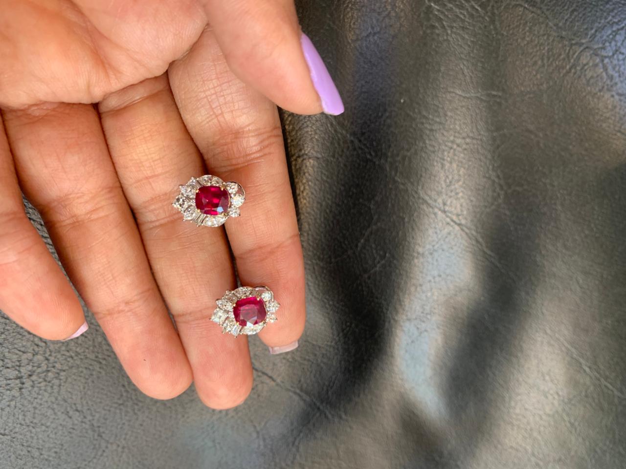 GRS Certified 2.23 Carat Pigeon Blood Burma No Heat Ruby Diamond Stud Earrings