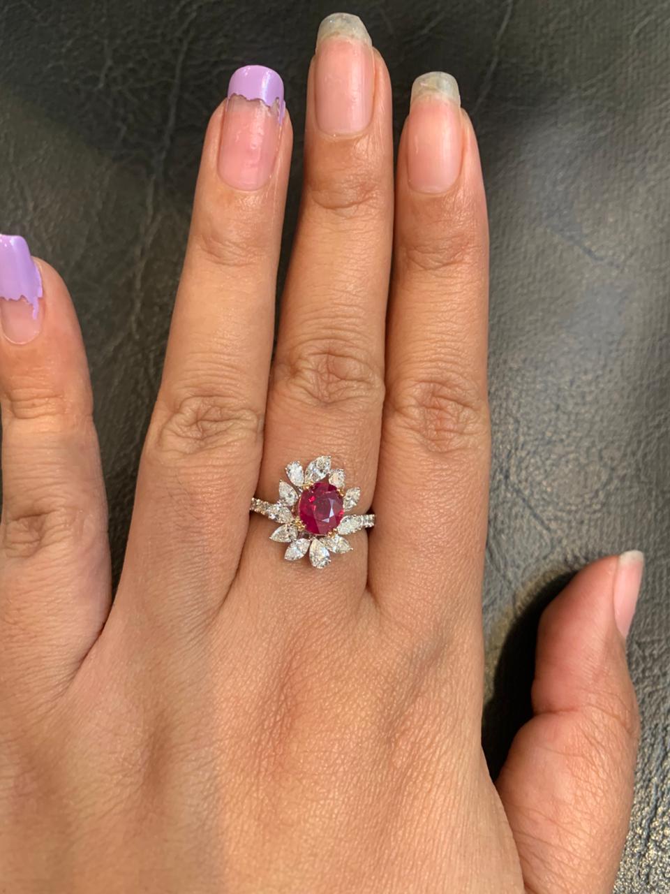 GRS Certified 1.50 Carat Burma No Heat Pigeon Blood Ruby Diamond Ring in 18K