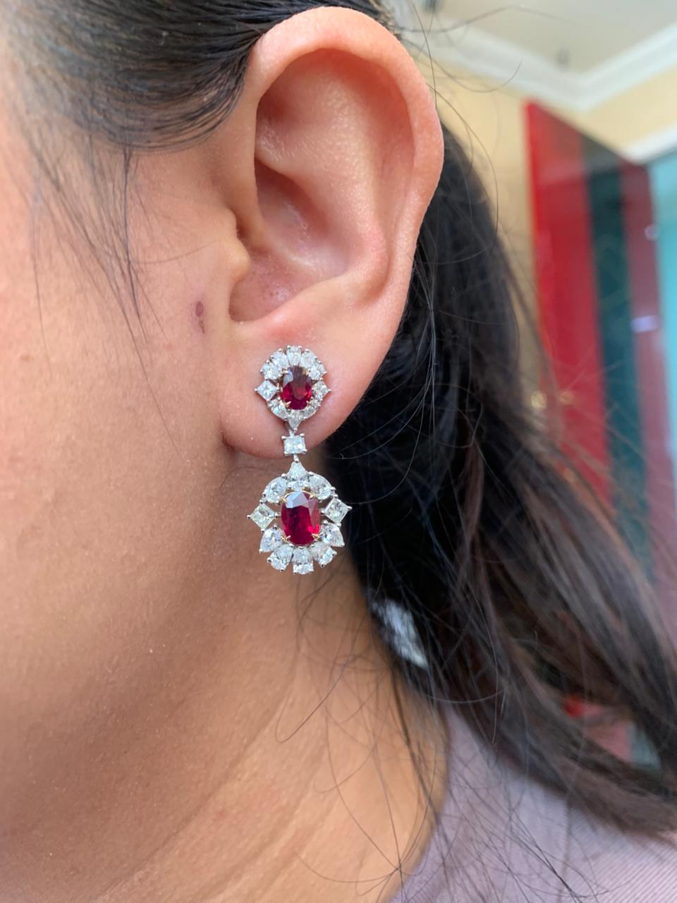 GRS Certified 3.52 Carat Burma Pigeon Blood Ruby And Diamond Earrings In 18Karat White Gold