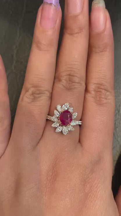 GRS Certified 1.50 Carat Burma No Heat Pigeon Blood Ruby Diamond Ring in 18K