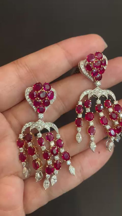 ICA Certified 15.28 Carat Burmese Unheated Ruby and Diamond Earring in 18K Gold