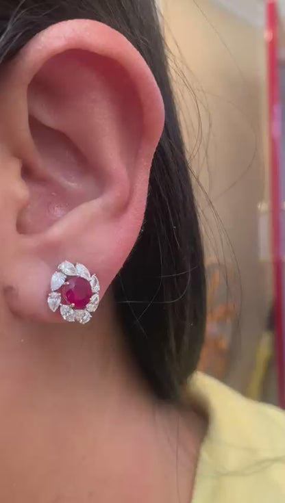 GRS Certified 2.12 Carat Burma No Heat Ruby Diamond Stud Earrings in 18K Gold