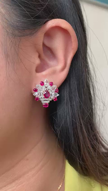 GRS Certified 4.71 Carat Burma Ruby Pigeon Blood And Diamond Earrings In 18k White Gold