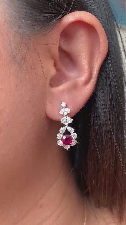 GRS Certified 2.16 Carat Burma Ruby Pigeon Blood And Diamond Earrings In 18K White Gold