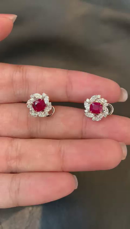 GRS Certified 2.06 Carat Burma Pigeon Blood No Heat Ruby Diamond Stud Earrings