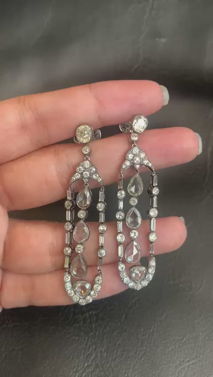 9.86 Carat Antique Style Diamond Dangling Earrings in 18K Gold