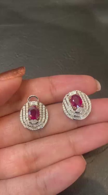 GRS Certified 2.44 Carat Burmese Pigeon Blood Ruby And Diamond Earrings In 18 Karat White Gold