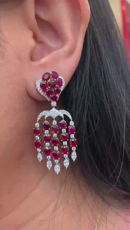 ICA Certified 15.28 Carat Burmese Unheated Ruby and Diamond Earring in 18K Gold