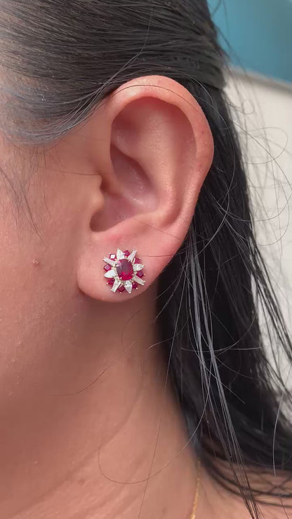 GRS Certified 2.88 Carat Burma Ruby Pigeon Blood And Diamond Earrings In 18k White Gold