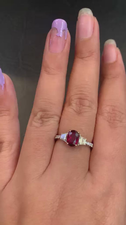 GRS Certified 1.58 Carat Burma No Heat Pigeon Blood Ruby Diamond Ring in 18K
