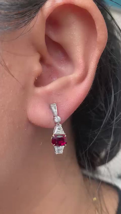 GRS Certified 2.37 Carat Burma Pigeon Blood Ruby And Diamond Earrings In 18 Karat White Gold