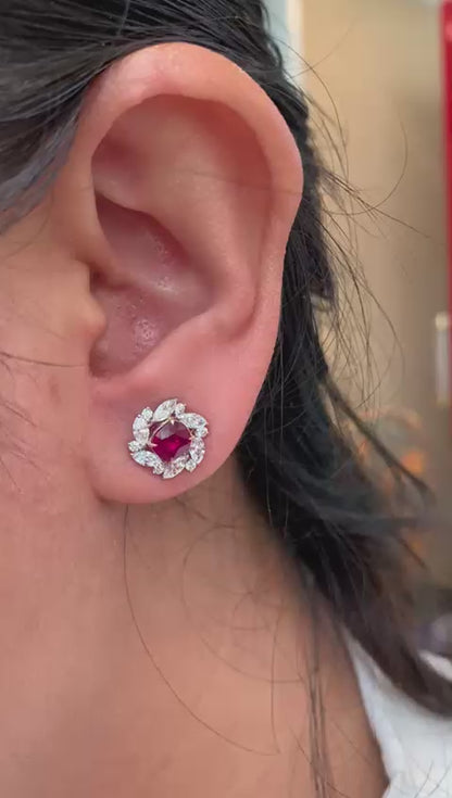 GRS Certified 2.06 Carat Burma Pigeon Blood No Heat Ruby Diamond Stud Earrings