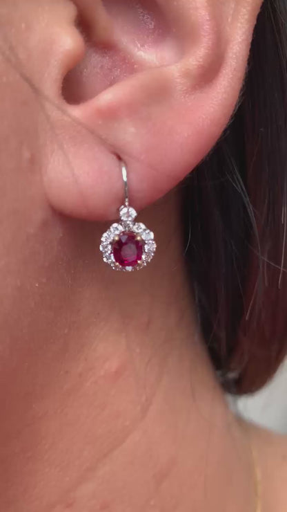 GRS Certified 2.05 Carat Burma Ruby Pigeon Blood And Diamond Earrings In 18K White Gold