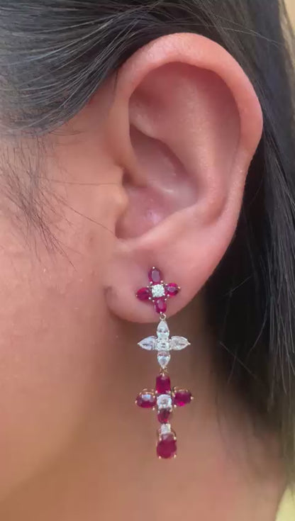 GRS Certified 7.37 Carat Burma No Heat Ruby and Diamond Chandelier Earrings