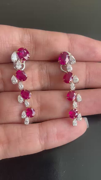 GRS Certified 5.80 Carat Burma No Heat Ruby and Diamond Dangling Earrings