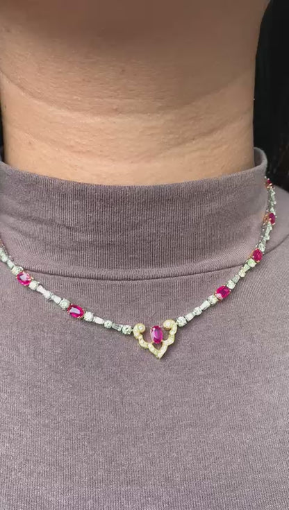 GRS Certified 8.31 Carat Burma Pigeon Blood Ruby And Diamond Necklace In 18K White Gold