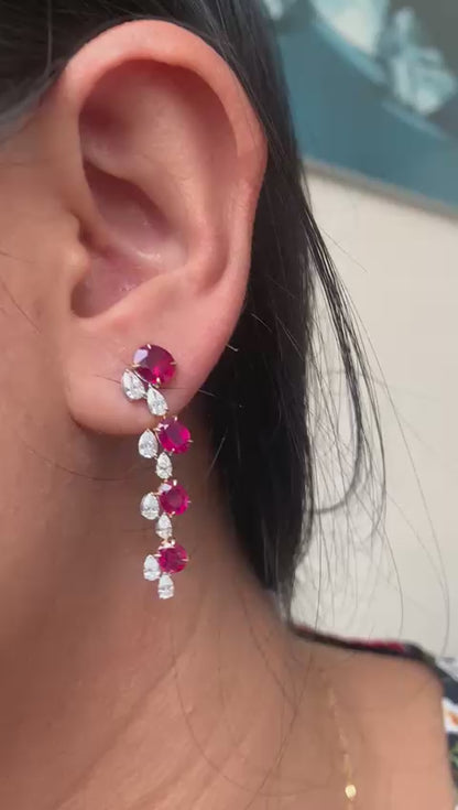 GRS Certified 5.80 Carat Burma No Heat Ruby and Diamond Dangling Earrings