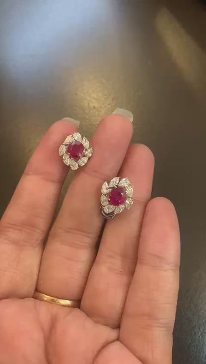 GRS Certified 2.12 Carat Burma No Heat Ruby Diamond Stud Earrings in 18K Gold