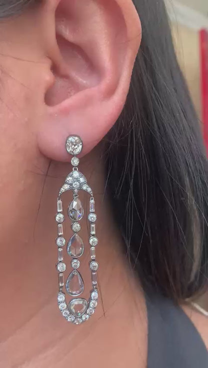 9.86 Carat Antique Style Diamond Dangling Earrings in 18K Gold