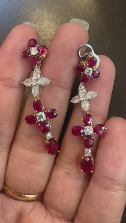 GRS Certified 7.37 Carat Burma No Heat Ruby and Diamond Chandelier Earrings