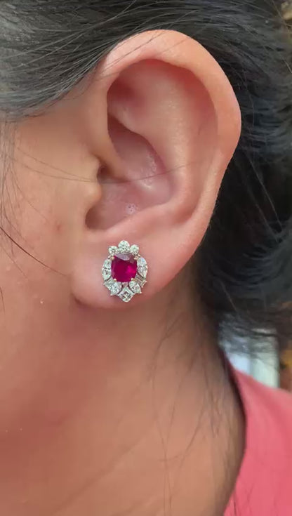 GRS Certified 2.23 Carat Pigeon Blood Burma No Heat Ruby Diamond Stud Earrings